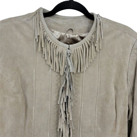 Vtg 80's Pamela McCoy Native American Fringed Leather Shacket Jacket Tan Sz L - Picture 5 of 15